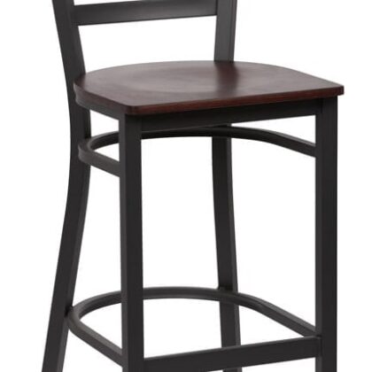 Ladder Back Metal Bar Stool, Walnut Finish Wood Seat